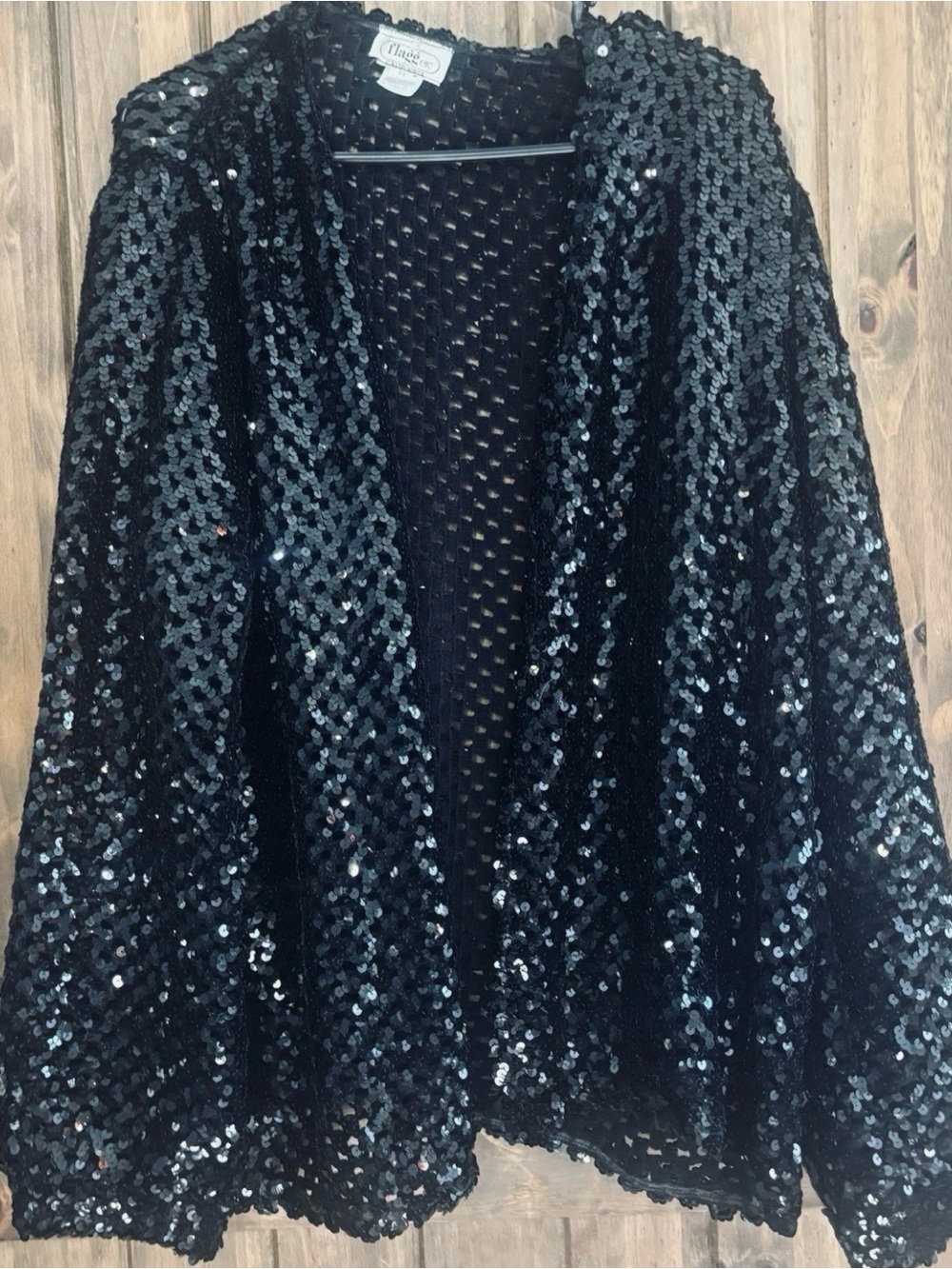 Vintage Edith Flagg Black Sequin Open Front Cardigan Jacket Large 90s Whimsigoth - Picture 2 of 8